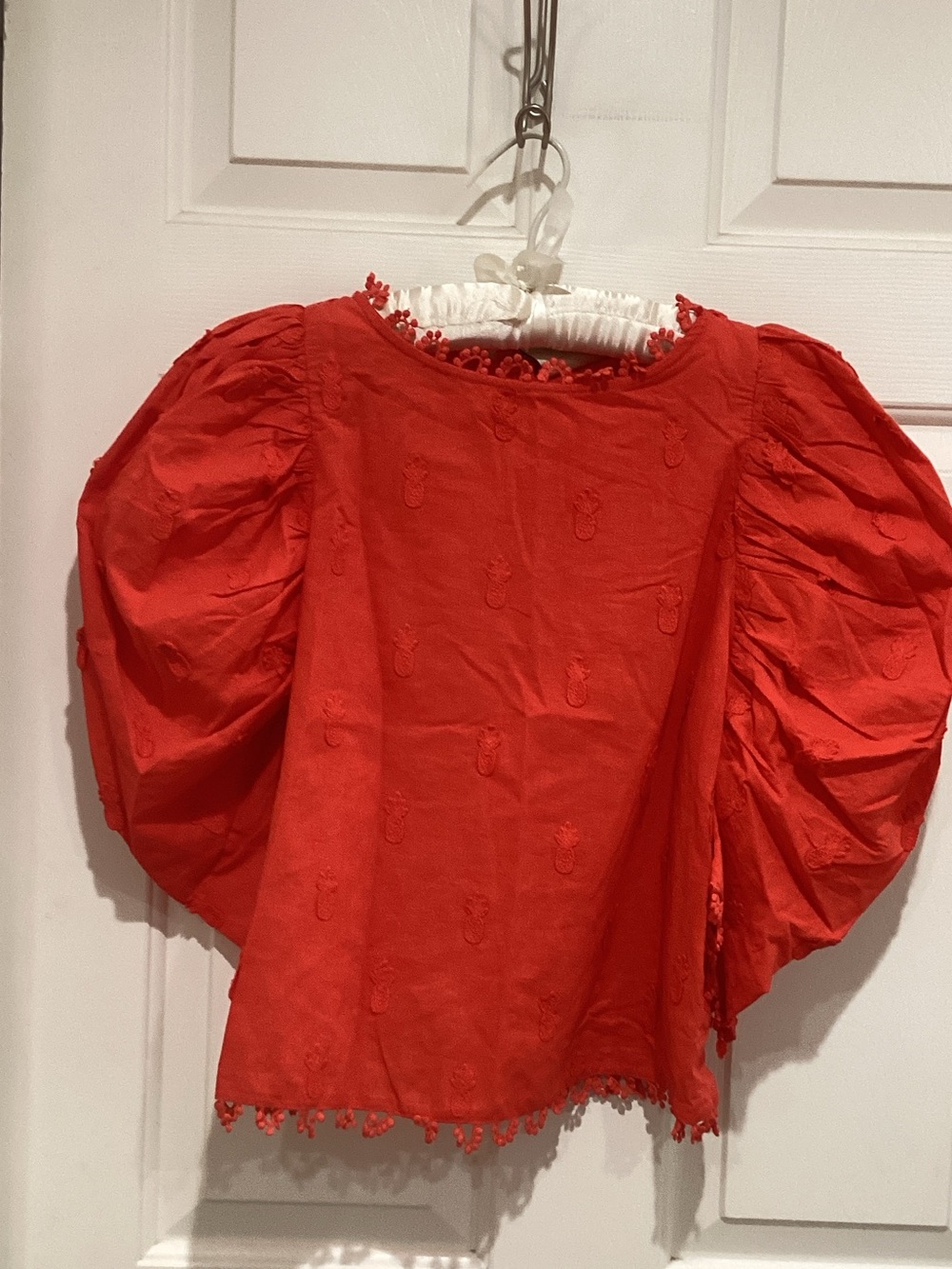 FARM Rio Red Puff-Sleeve Embroidered Blouse